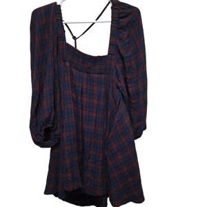 Plaid Smocked Peasant Blouse Navy Burgundy Medium